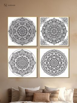 Nestroots - Colorable Circular Art Set Printed Wall Painting Gold Floating Frame (Pack Of 4)