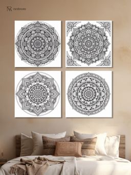 Nestroots - Colorable Circular Art Set Printed Wall Painting White Floating Frame (Pack Of 4)