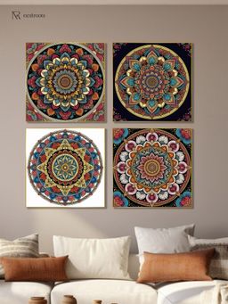 Nestroots - Vibrant Floral Circle Canvas Printed Wall Painting Gold Floating Frame (Pack Of 4)