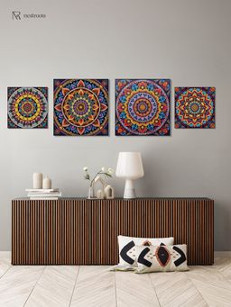 Nestroots - Elegant Mandala Art Collection Printed Wall Painting Black Floating Frame (Pack Of 4)