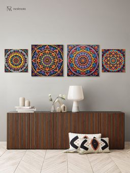 Nestroots - Elegant Mandala Art Collection Printed Wall Painting Gold Floating Frame (Pack Of 4)