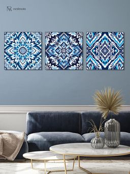 Nestroots - Blue and White Tile Collection Call Wall Painting Black Floating Frame (Pack Of 3)