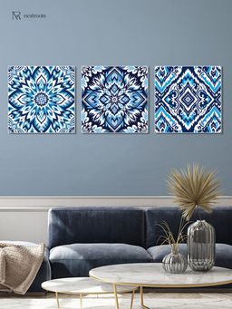Nestroots - Blue and White Tile Collection Call Wall Painting White Floating Frame (Pack Of 3)