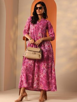 Libas - Pink Floral Fit and Flared Dress with Front Slit with Pocket