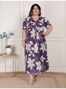 Doriyaan - Womens Plus Size Purple Pleated Puff Sleeve Floral Pure Cotton Butterfly Midi Dress