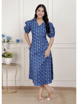 Doriyaan - Womens Floral Print Collar-Neck Puff Sleeves A-Line Dress