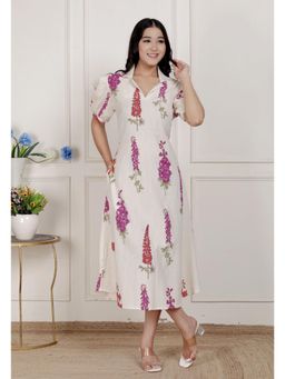 Doriyaan - Womens Off White Flower Cotton Flex Dress