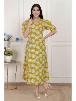 Doriyaan - Womens Green Puff Sleeve Floral Party Dress