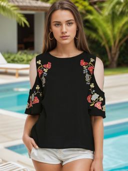 RARE - Women Black Round Neck Embroidered Top