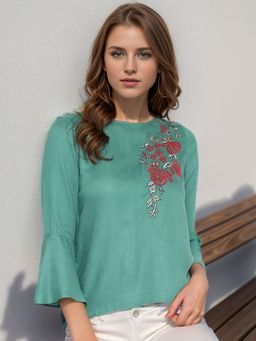 RARE - Women Green Round Neck Embroidered Top