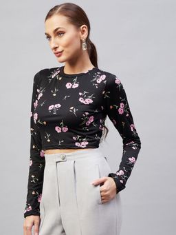 RARE - Women Black Round Neck Floral Printed Crop Top