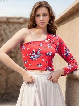 RARE - Women Red One Shoulder Floral Printed Crop Top