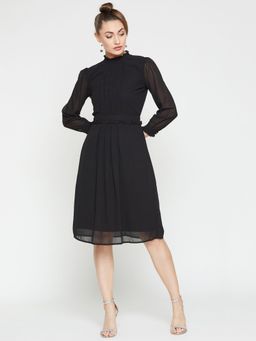 RARE - Women Black Ruffled Neck Solid Midi Dress