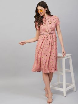 RARE - Women Pink Tie Up Neck Floral Printed Knee Length Dress