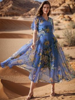 RARE - Women Blue V-Neck Floral Printed Midi Dress