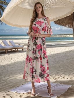 RARE - Women Grey Round Neck Floral Printed Maxi Dress