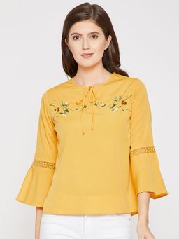 RARE - Women Yellow Keyhole Neck Embroidered Top