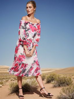 RARE - Women Multi-Color Off Shoulder Floral Printed Midi Dress