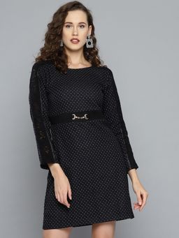 RARE - Women Black Round Neck Polka Dots Mini Dress