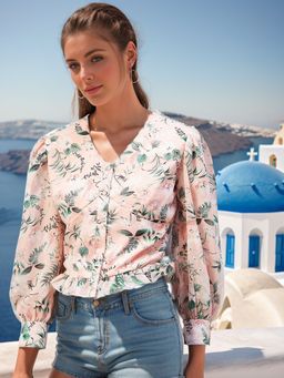 RARE - Women Pink V-Neck Floral Printed Top