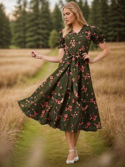 RARE - Women Green V-Neck Floral Printed Midi Dress with Belt (Set of 2)