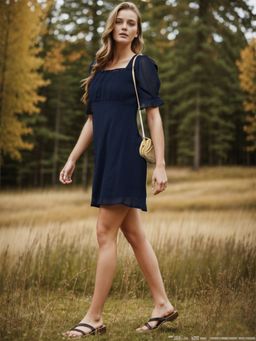 RARE - Women Navy Blue Square Neck Textured Mini Dress