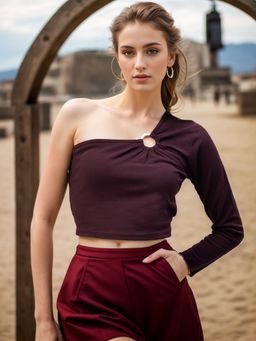 RARE - Women Wine One Shoulder Solid Crop Top