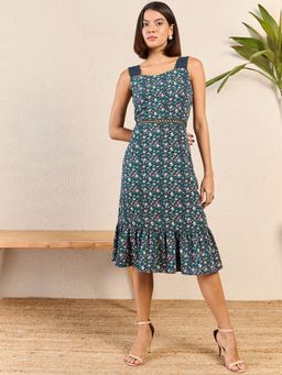 RARE - Women Navy Blue Sweetheart Floral Printed Midi Dress