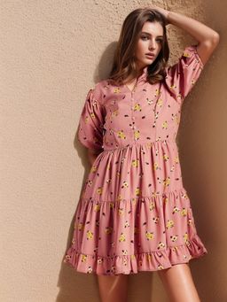 RARE - Women Pink Mandarin Neck Floral Printed Mini Dress