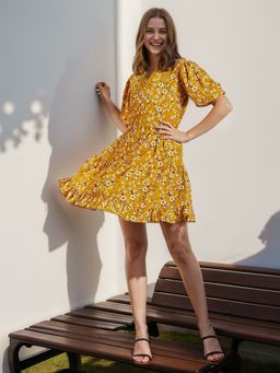RARE - Women Mustard Mandarin Neck Floral Printed Mini Dress