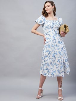 RARE - Women Off White Square Neck Floral Printed Midi Dress