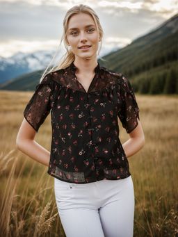 RARE - Women Black Mandarin Neck Floral Printed Top