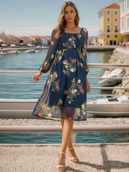 RARE - Women Navy Blue Square Neck Floral Printed Midi Dress