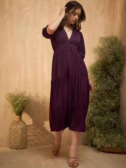 RARE - Women Purple V-Neck Solid Midi Dress