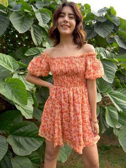 RARE - Women Orange Off Shoulder Floral Printed Mini Dress