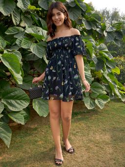 RARE - Women Black Off Shoulder Floral Printed Mini Dress