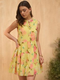 RARE - Women Yellow Keyhole Neck Floral Printed Mini Dress