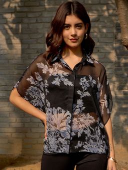 RARE - Women Black Collar Neck Floral Printed Shirt