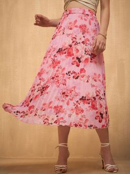 RARE - Women Pink Floral Printed Midi Skirt