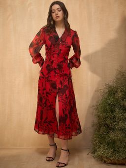 RARE - Women Red Collar Neck Floral Printed Midi Dress