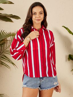 RARE - Women Red Collar Neck Stripes Shirt