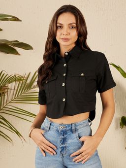 RARE - Women Black Collar Neck Solid Cropped Shirt