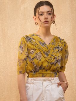 RARE - Women Mustard V-Neck Floral Printed Crop Top