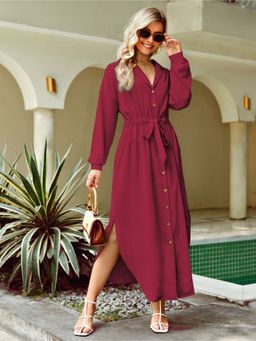 RARE - Women Maroon Collar Neck Solid Maxi Dress