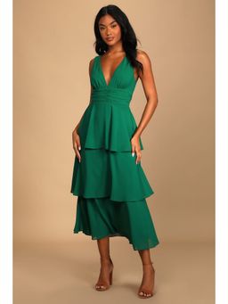 RARE - Women Green V-Neck Solid Midi Dress