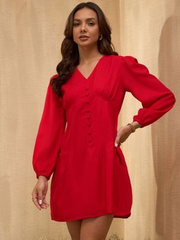 RARE - Women Red V-Neck Solid Mini Dress