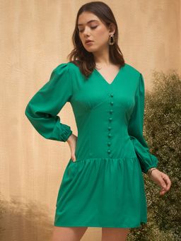 RARE - Women Green V-Neck Solid Mini Dress