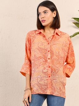 RARE - Women Orange Collar Neck Paisley Printed Shirt