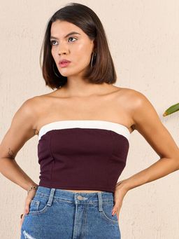 RARE - Women Wine Strapless/Tube Solid Crop Top