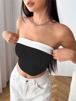 RARE - Women Black Strapless/Tube Solid Crop Top